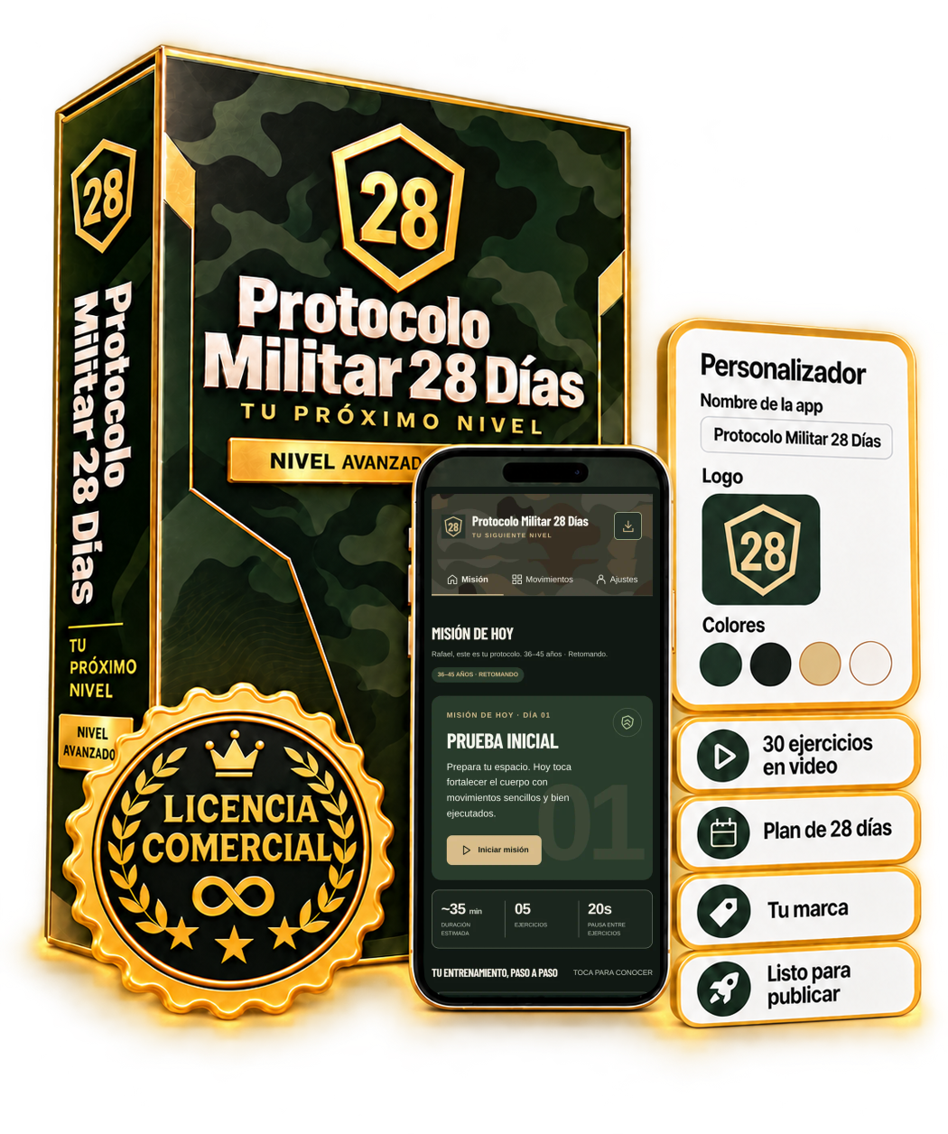 Caja del producto Protocolo Militar 28 Días con la aplicación en el celular