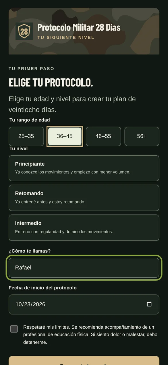 Pantalla real: elección del protocolo por edad y nivel