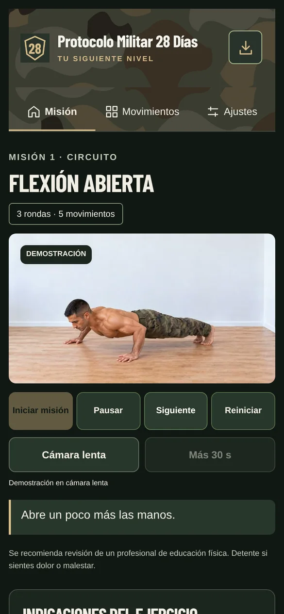 Conoce Protocolo Militar 28 Días — pantalla real de la aplicación